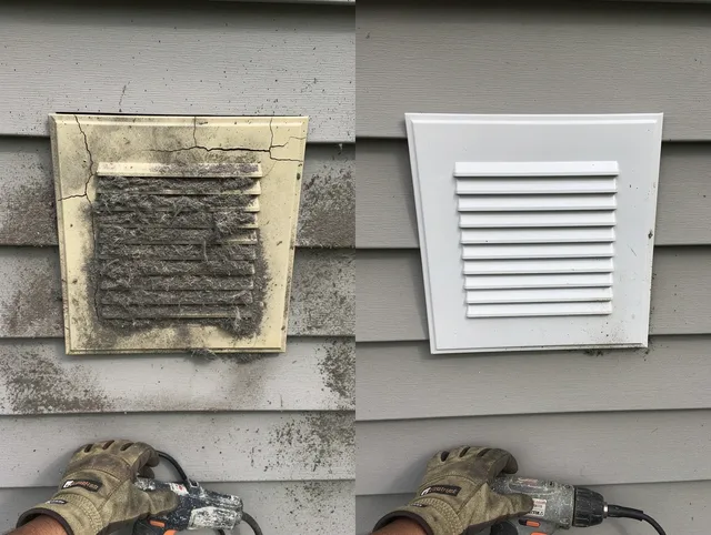 Eastvale Dryer Vent Cleaning technician installing high-quality dryer vent cover at a residential property in Eastvale