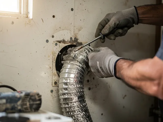 Eastvale Dryer Vent Cleaning technician performing precise dryer vent hose installation in Eastvale